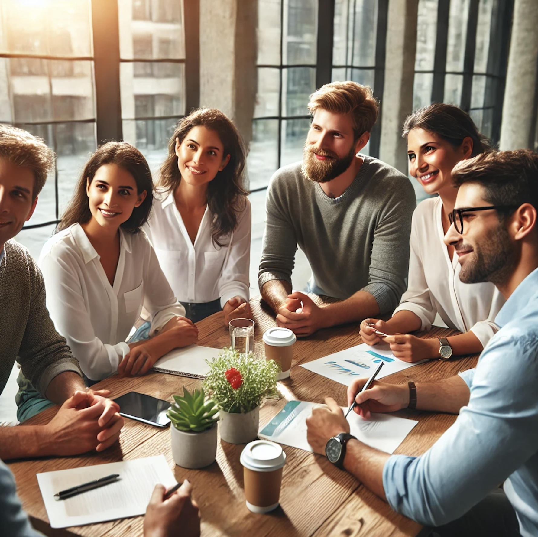 Diverse groep professionals in een coachingssessie in een moderne kantooromgeving. Betrouwbare begeleiding bij re-integratie en duurzame inzetbaarheid